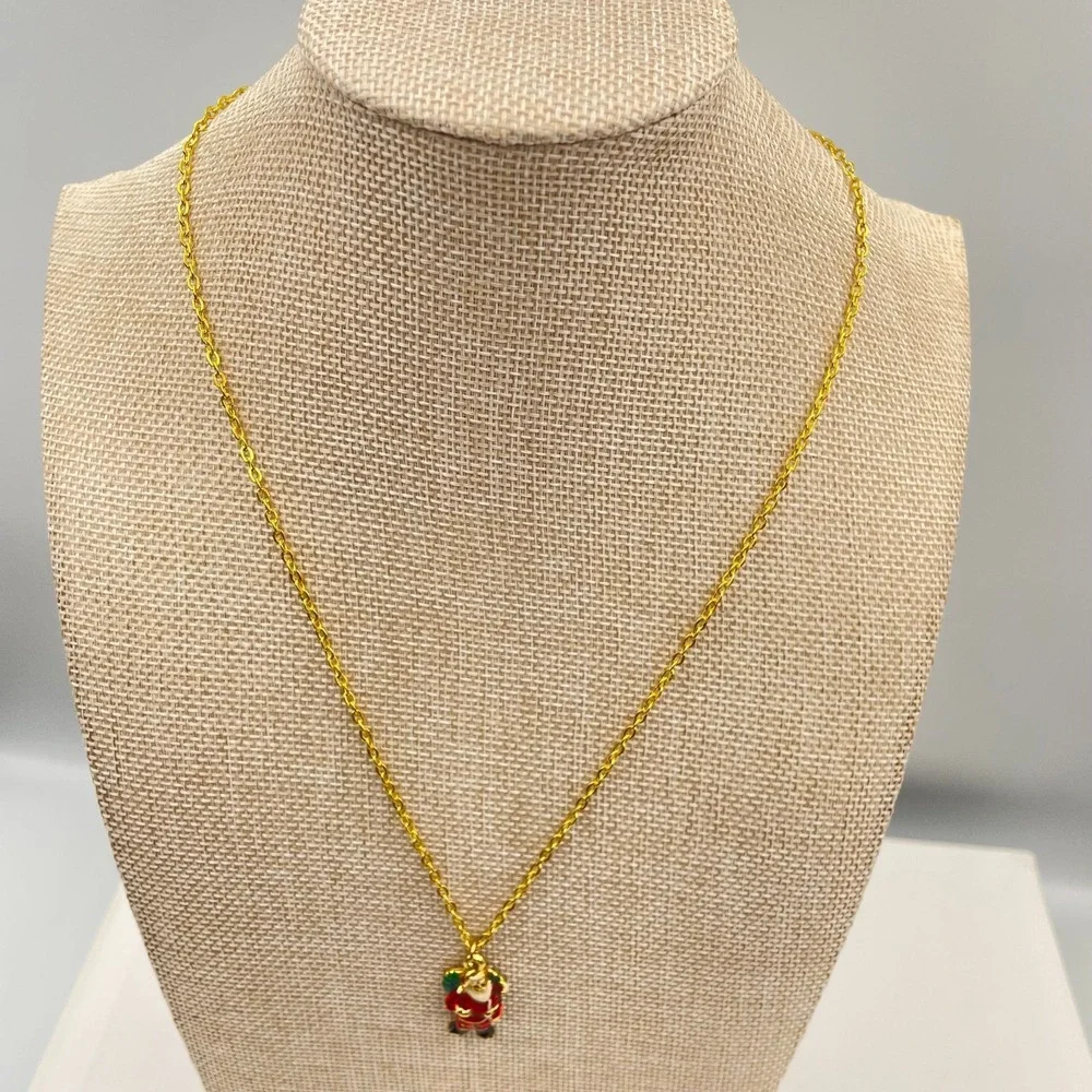 Vtg Santa Claus Christmas Pendant Necklace Enameled Holiday Jewelry Gold Tone